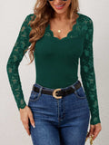 Lace Wavy Hem V-Neck Long Sleeve Top - Trendsi - Flyclothing LLC