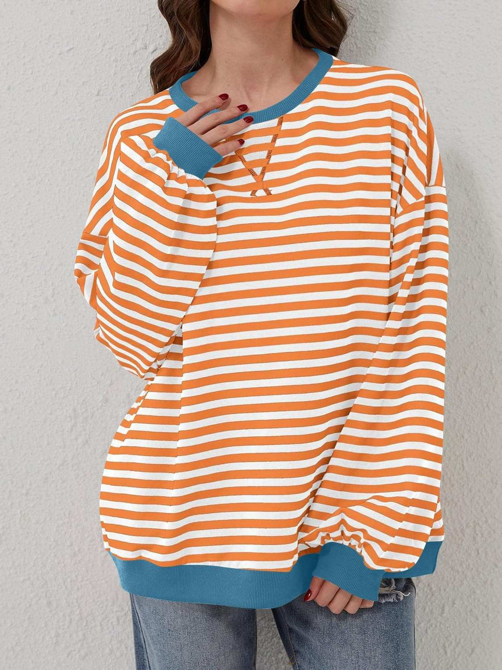 Contrast Striped Long Sleeve Sweatshirt - Trendsi - Flyclothing LLC
