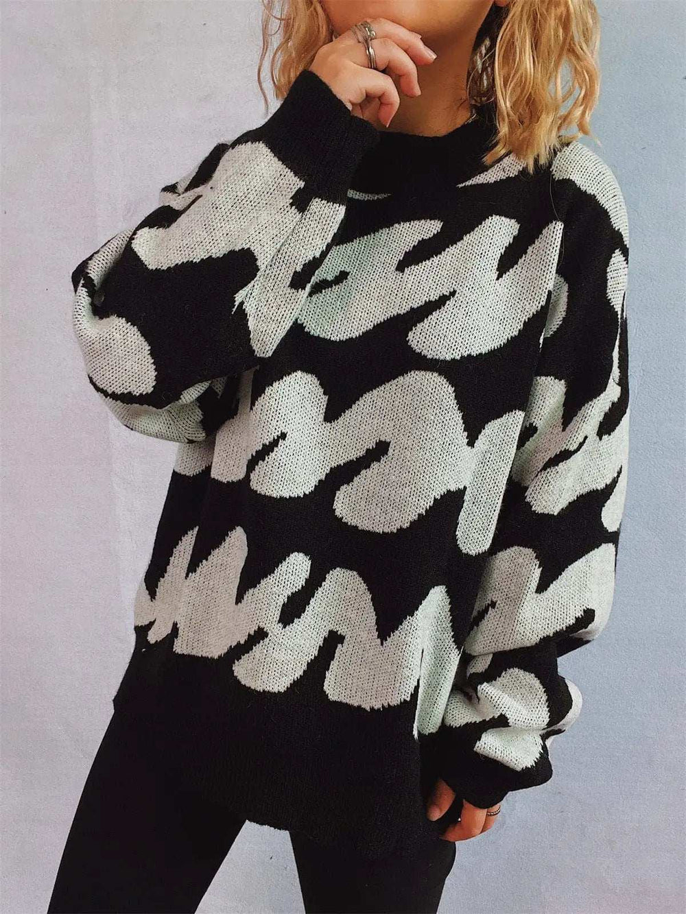 Contrast Round Neck Long Sleeve Sweater - Trendsi - Flyclothing LLC