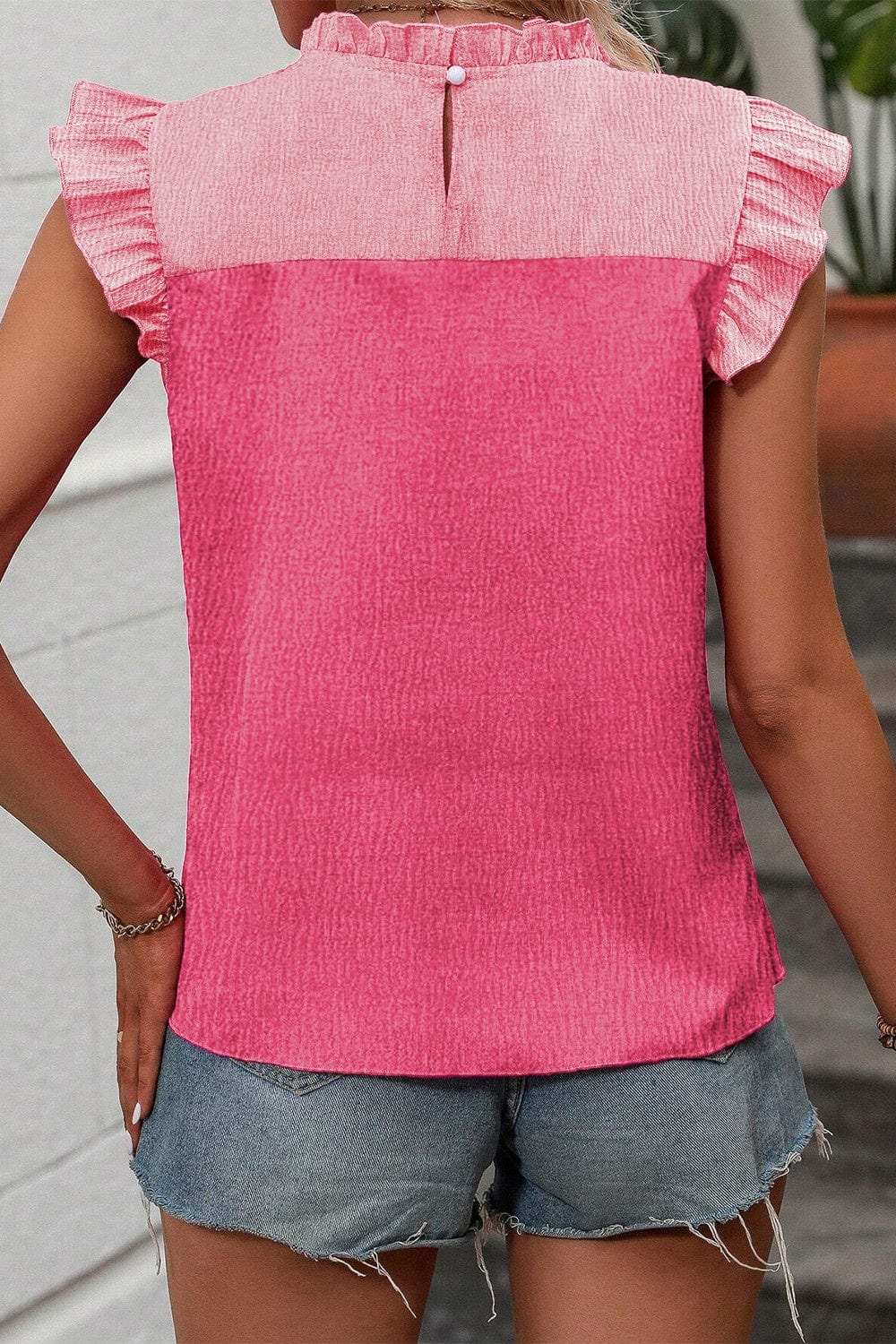 Ruffled Color Block Round Neck Blouse - Trendsi - Flyclothing LLC