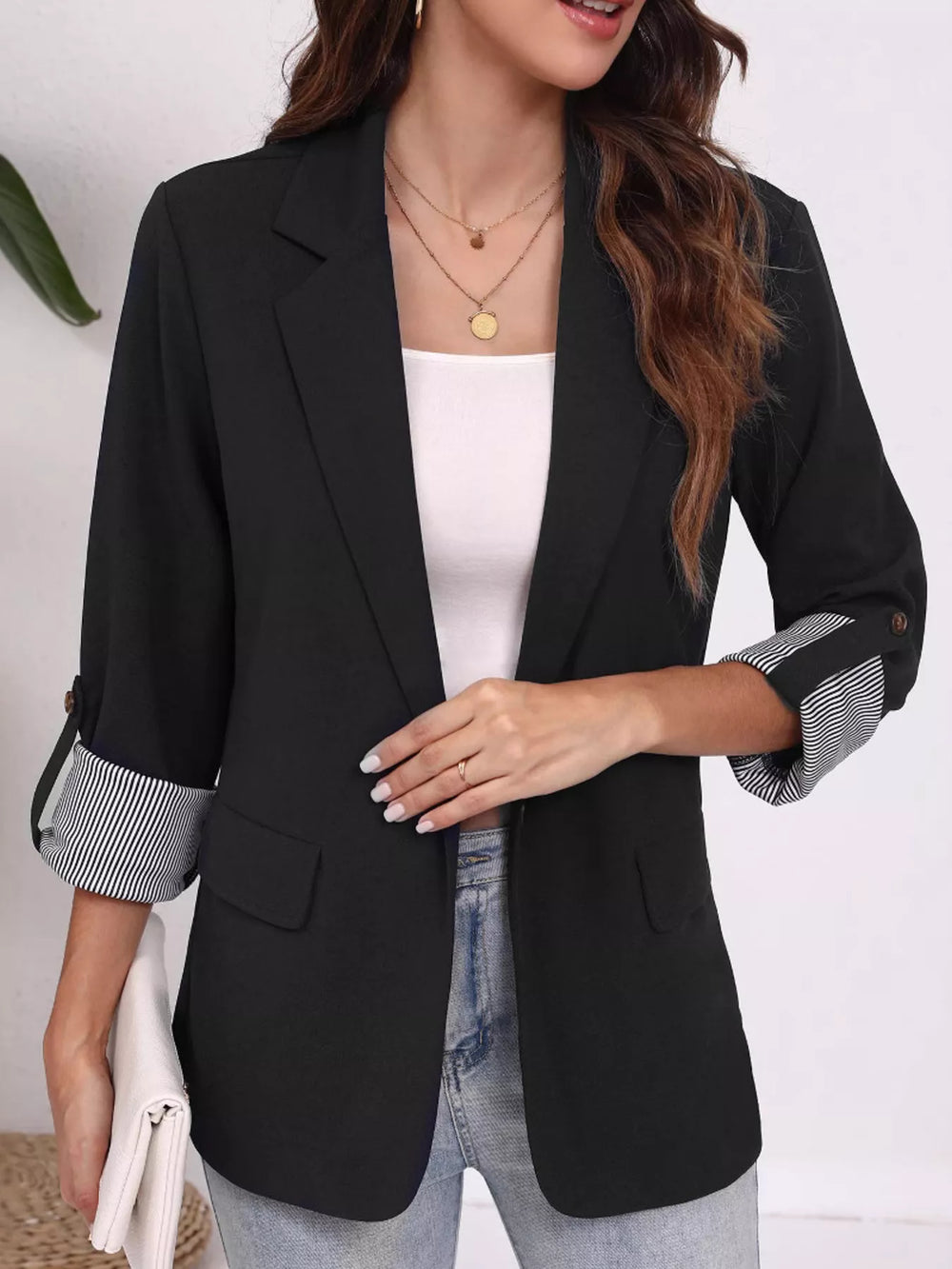 Lapel Collar Roll-Up Sleeve Blazer - Trendsi - Flyclothing LLC