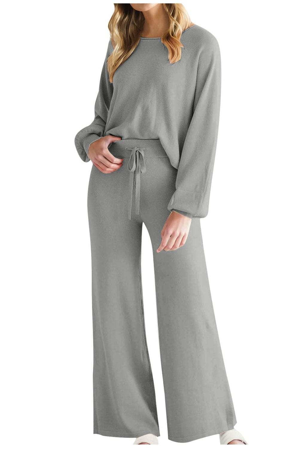Round Neck Long Sleeve Top and Pants Set - Trendsi - Flyclothing LLC