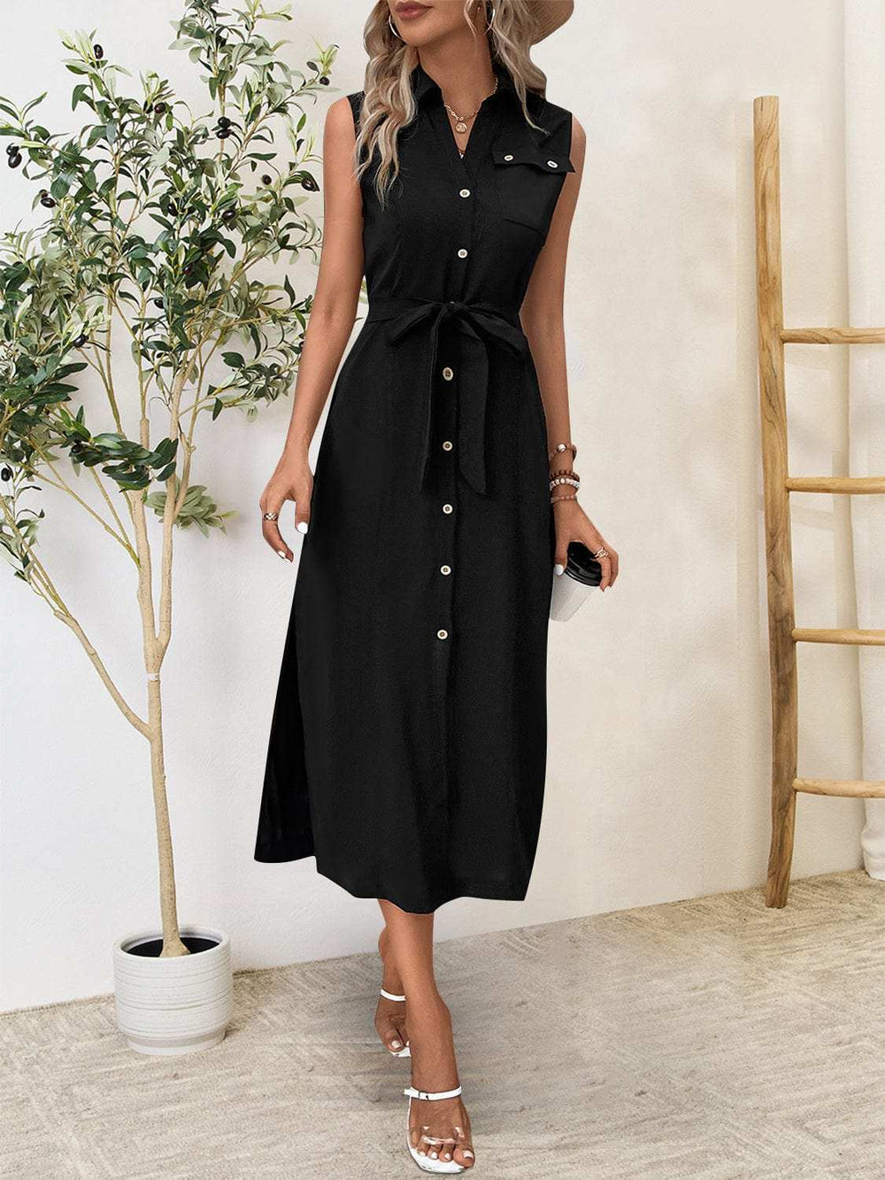Button Up Sleeveless Midi Dress - Trendsi - Flyclothing LLC