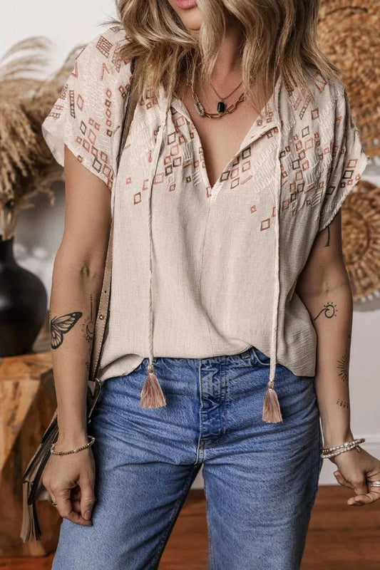 Geometric Embroidered Short Sleeve Tassel Tie Neck Blouse - Trendsi - Flyclothing LLC