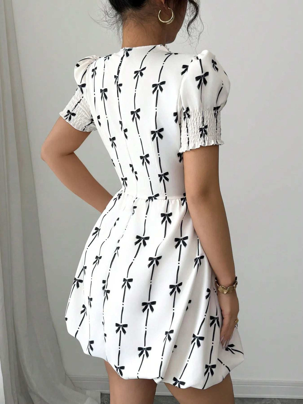 Smocked Bow Print Short Sleeve Dress - Trendsi - Flyclothing LLC