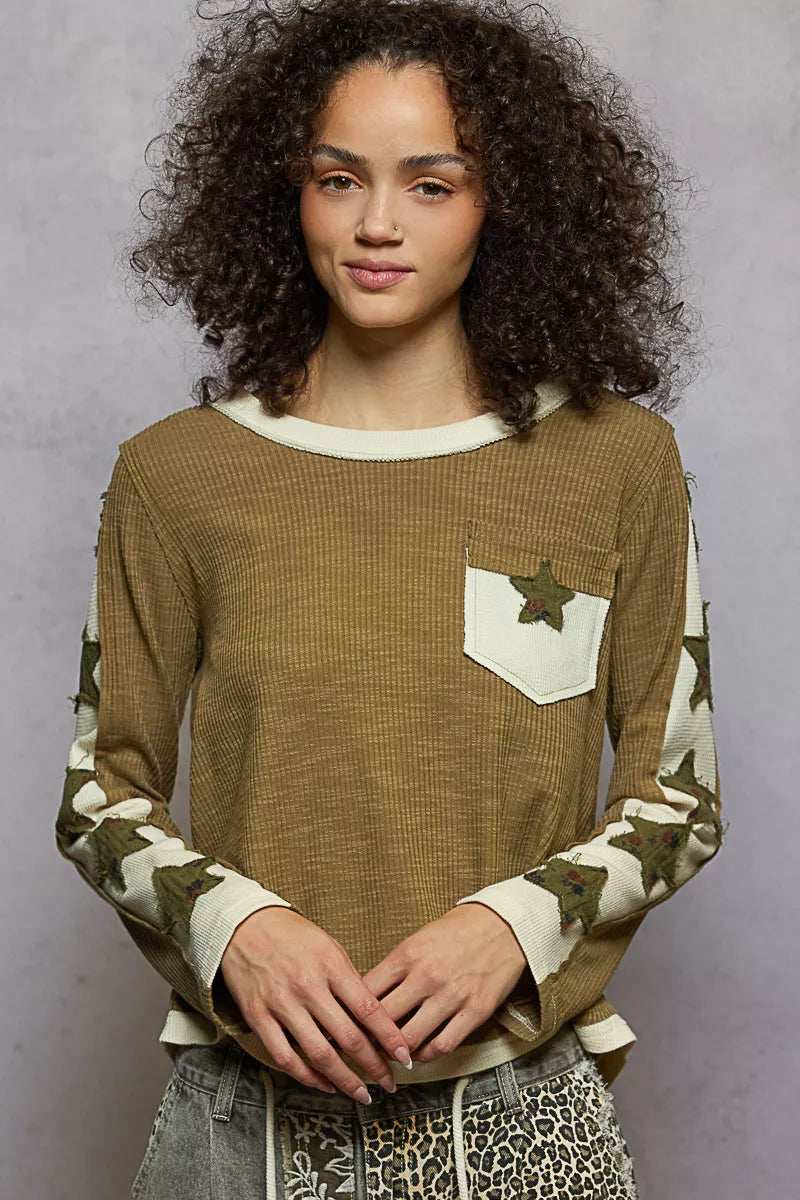 POL Round Neck Long Sleever T-Shirt with Star Patch - Trendsi - Flyclothing LLC