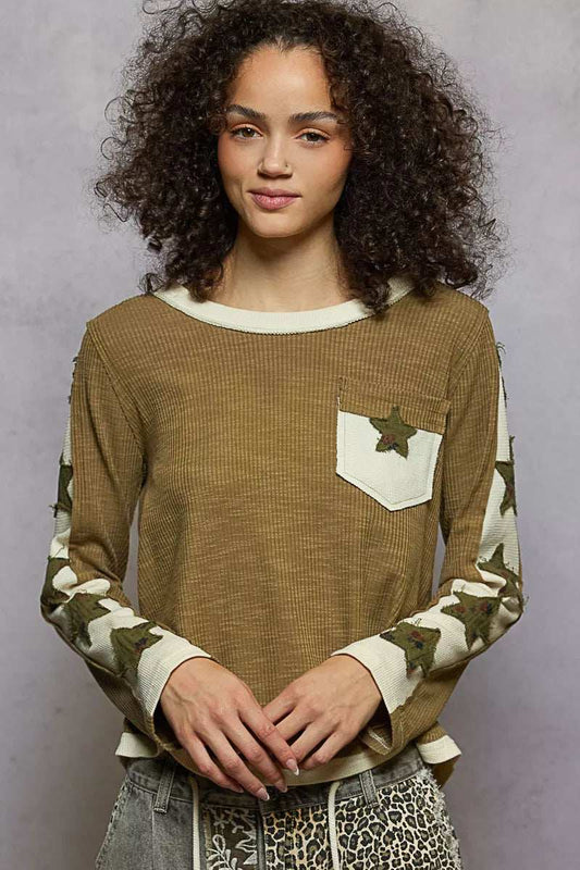POL Round Neck Long Sleever T-Shirt with Star Patch - Trendsi - Flyclothing LLC
