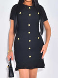 Button-Front Short Sleeve Textured Dress - Trendsi - Flyclothing LLC