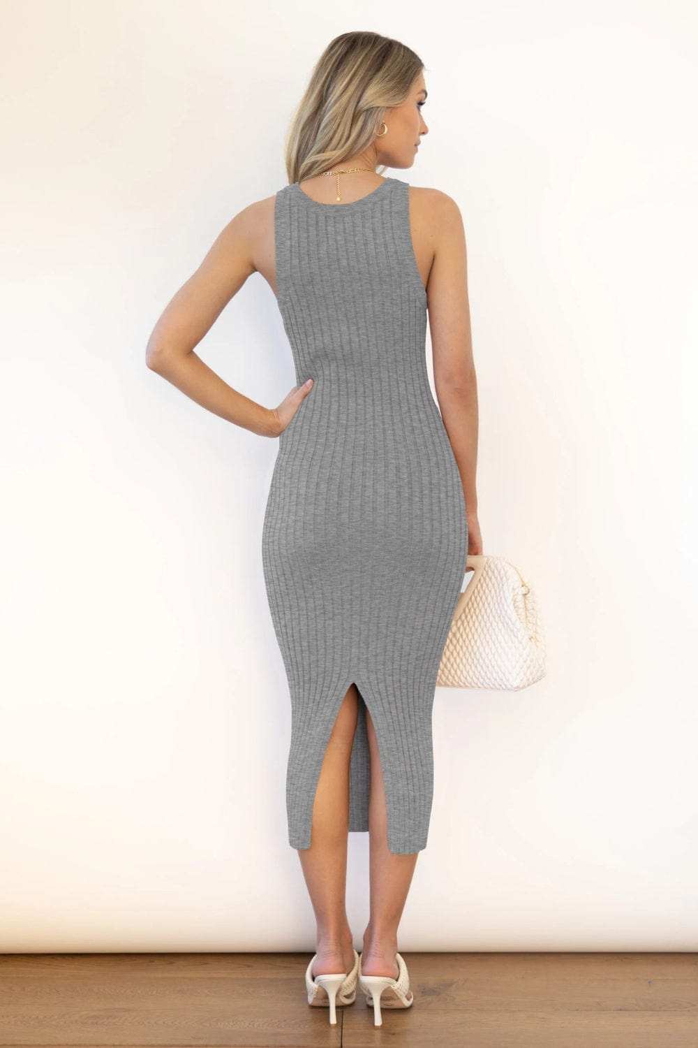 Slit Ribbed Round Neck Sleeveless Dress - Trendsi - Flyclothing LLC