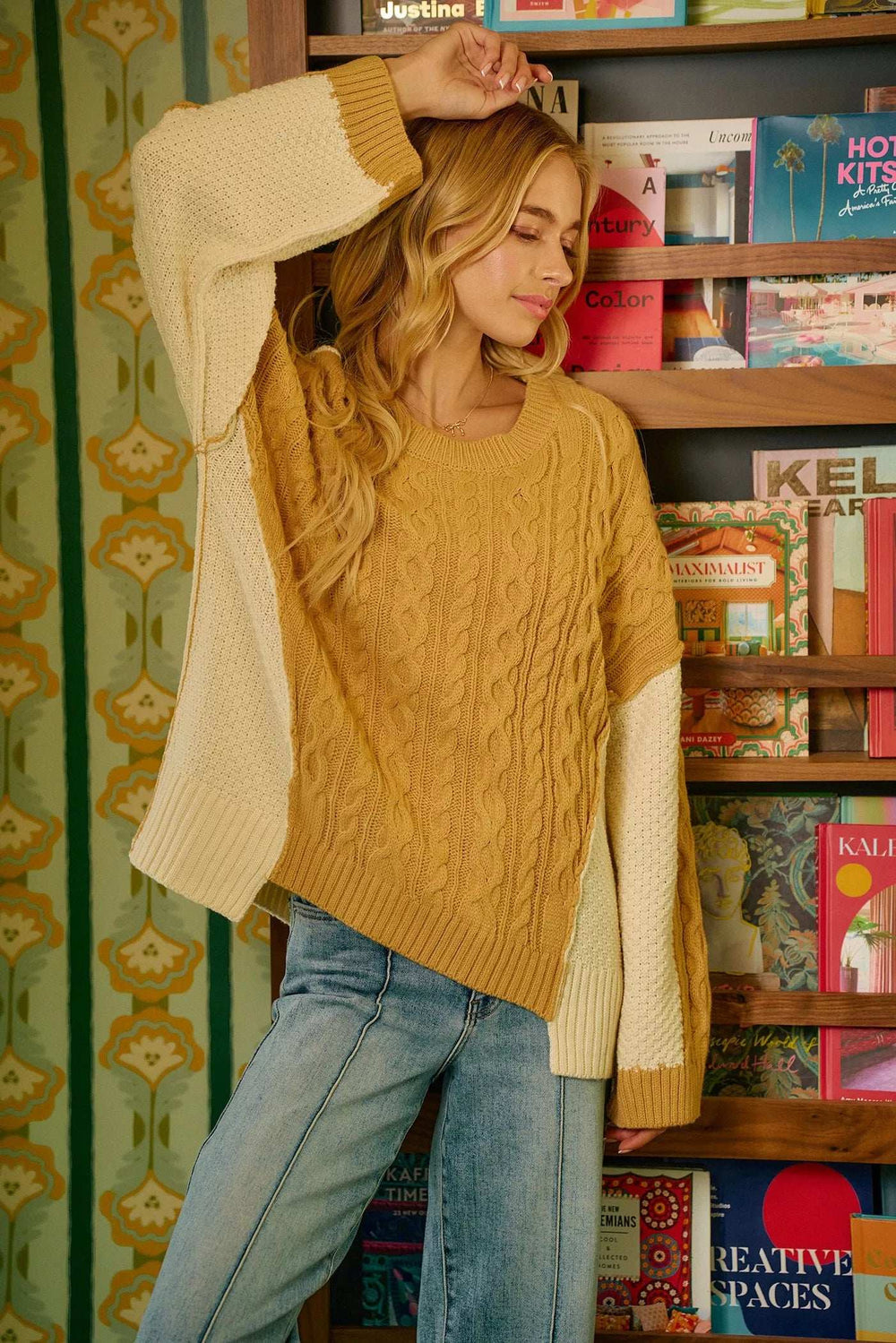BiBi Cable Knit With Hacci Combo Sweater With Uneven Hem Detail - Trendsi - Flyclothing LLC