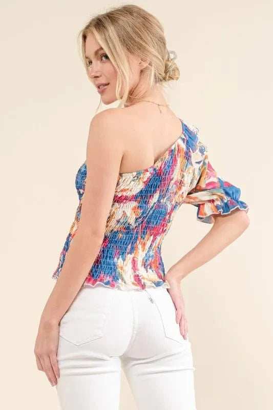 And The Why Allover Floral Print Smocked One Shoulder Blouse - Trendsi - Flyclothing LLC
