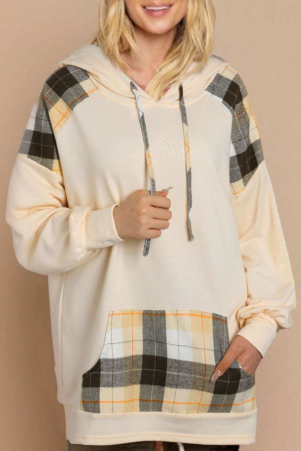 Drawstring Plaid Long Sleeve Hoodie - Trendsi - Flyclothing LLC