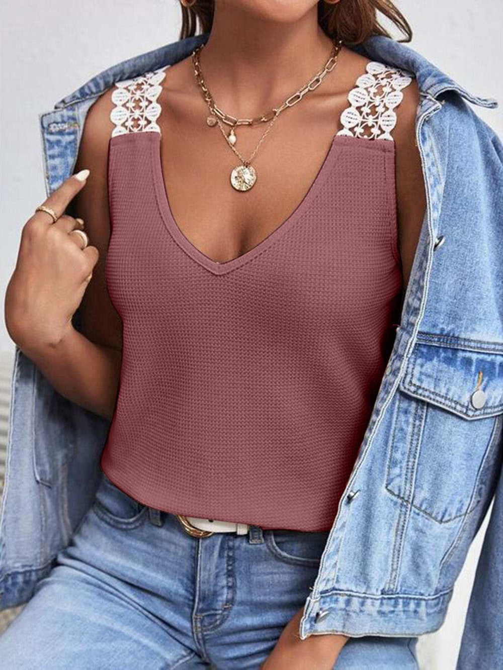 Full Size Lace Detail V-Neck Tank - Trendsi - Flyclothing LLC