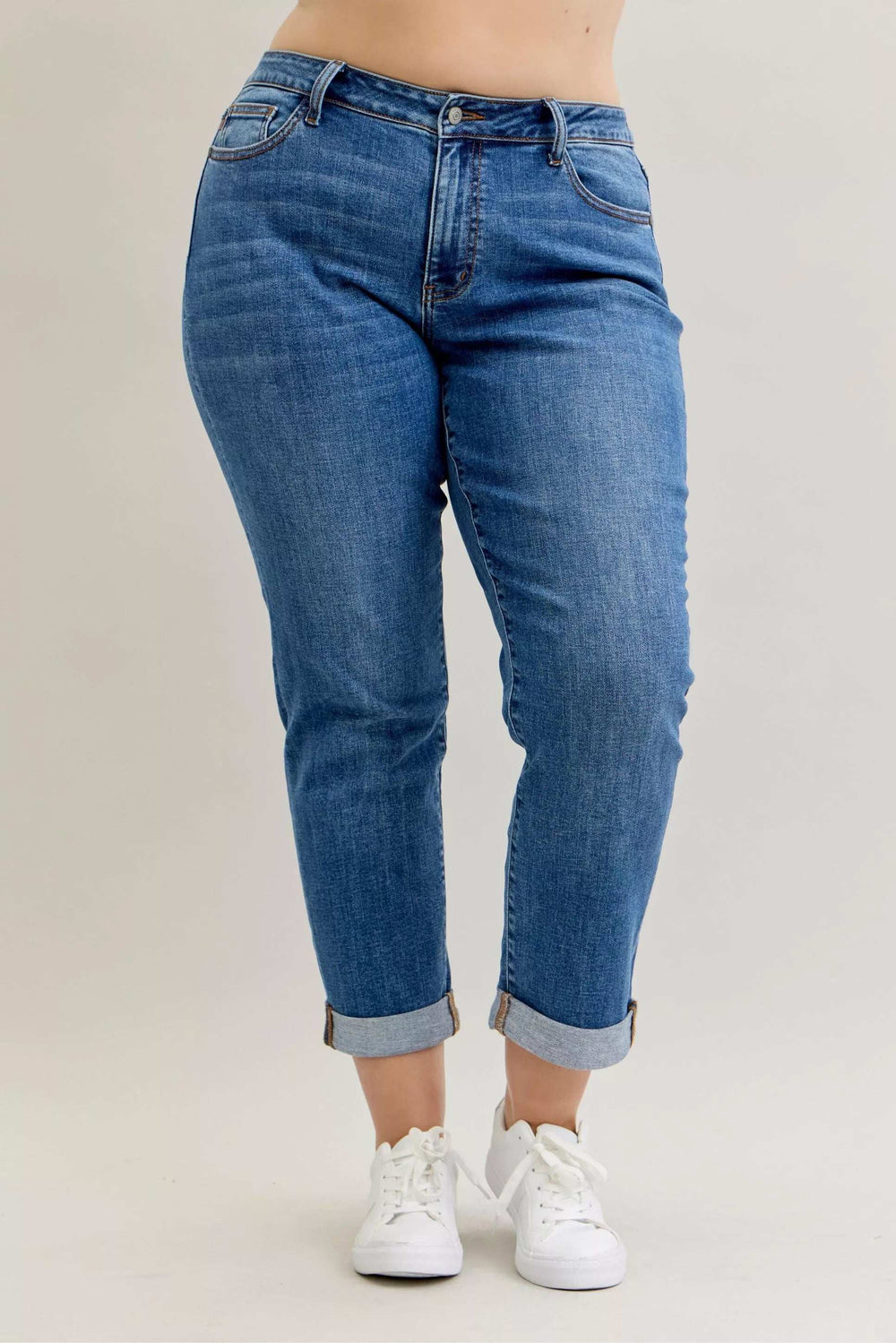 Judy Blue Full Size Mid Rise BF Classic Cuffed Jeans Plus Size - Trendsi - Flyclothing LLC