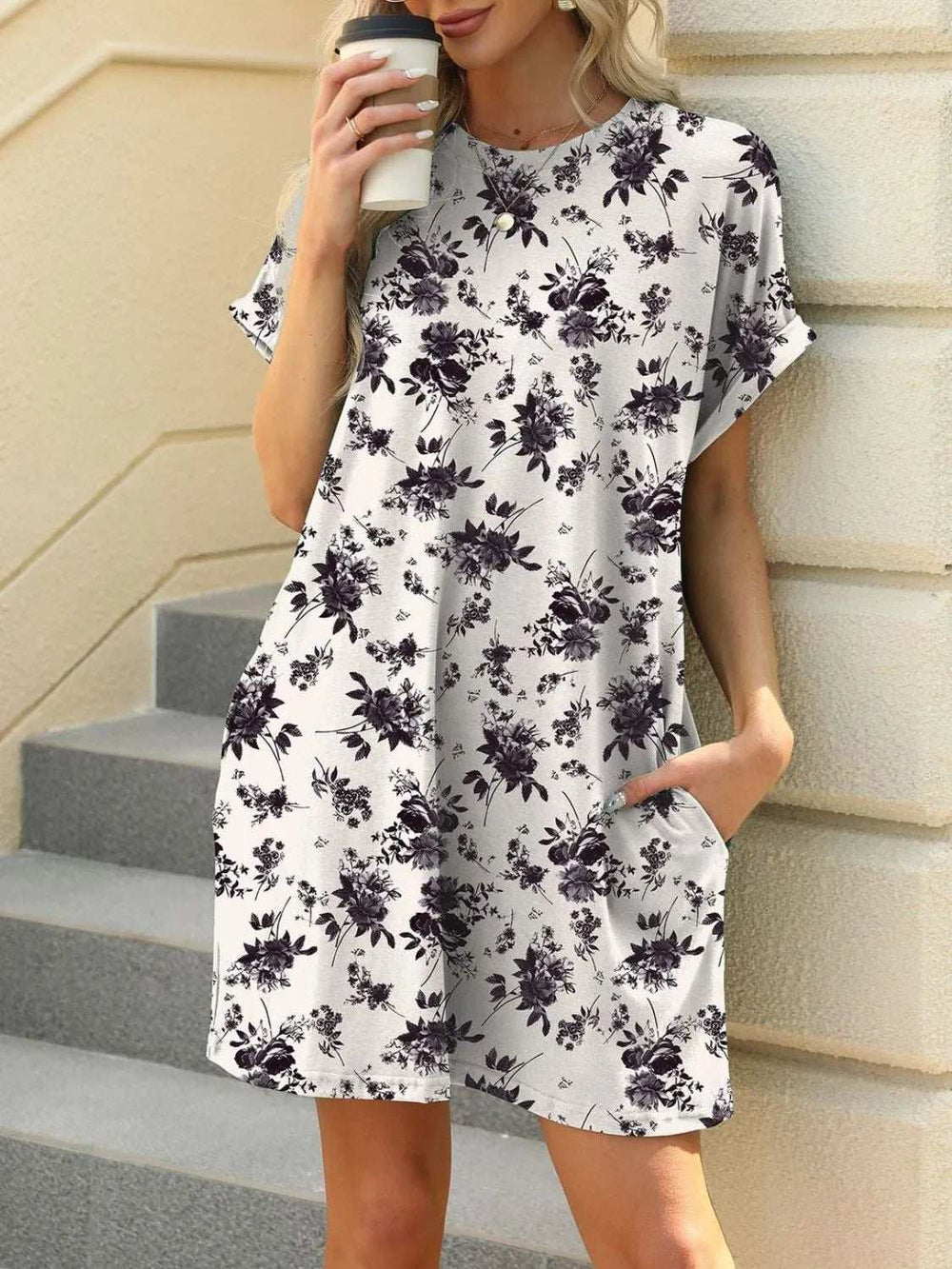 Printed Round Neck Short Sleeve Mini Dress - Trendsi - Flyclothing LLC