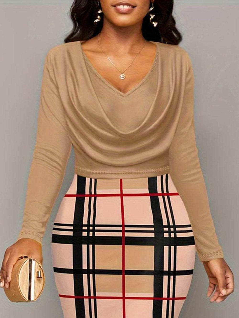 Plus Size Plaid Long Sleeve Mini Dress - Trendsi - Flyclothing LLC