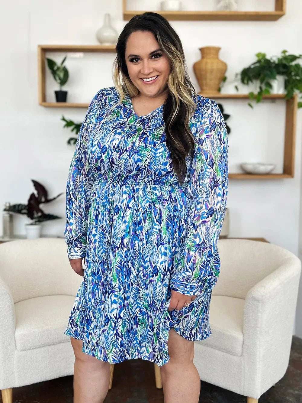 Double Take Full Size Printed Drawstring Waist Long Sleeve Dress - Trendsi - Flyclothing LLC