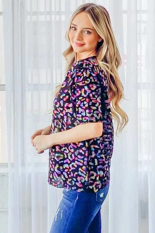 And The Why Leopard Foil Printed Half Sleeve Summer Sweater - Trendsi - Flyclothing LLC