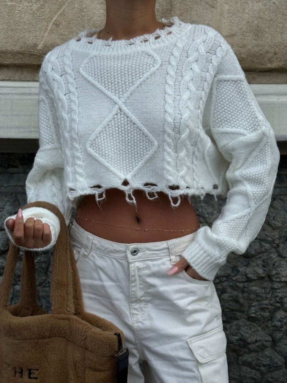 Cable-Knit Round Neck Long Sleeve Cropped Sweater - Trendsi - Flyclothing LLC