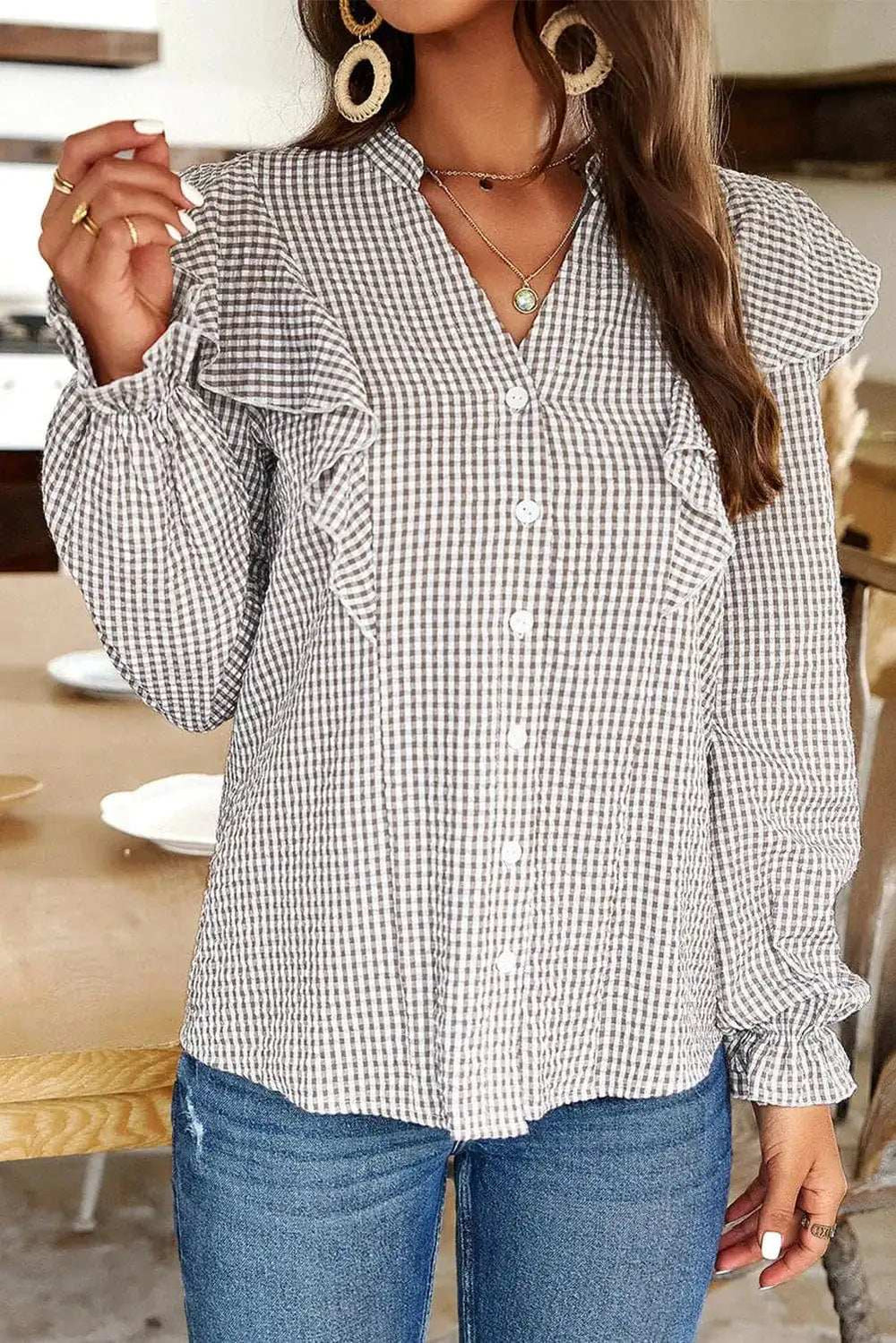 Ruffled Plaid Notched Flounce Sleeve Shirt - Trendsi - Flyclothing LLC