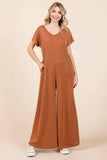 BOMBOM Ribbed Short Sleeve Wide Leg Jumpsuit - Trendsi - Flyclothing LLC