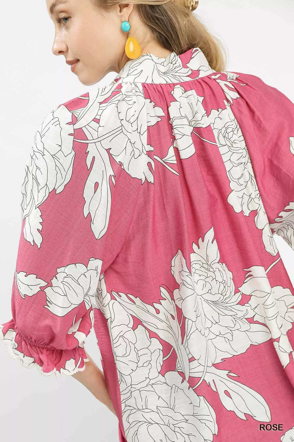 Umgee Peony Illustration Print Flounce Sleeve Blouse - Trendsi - Flyclothing LLC