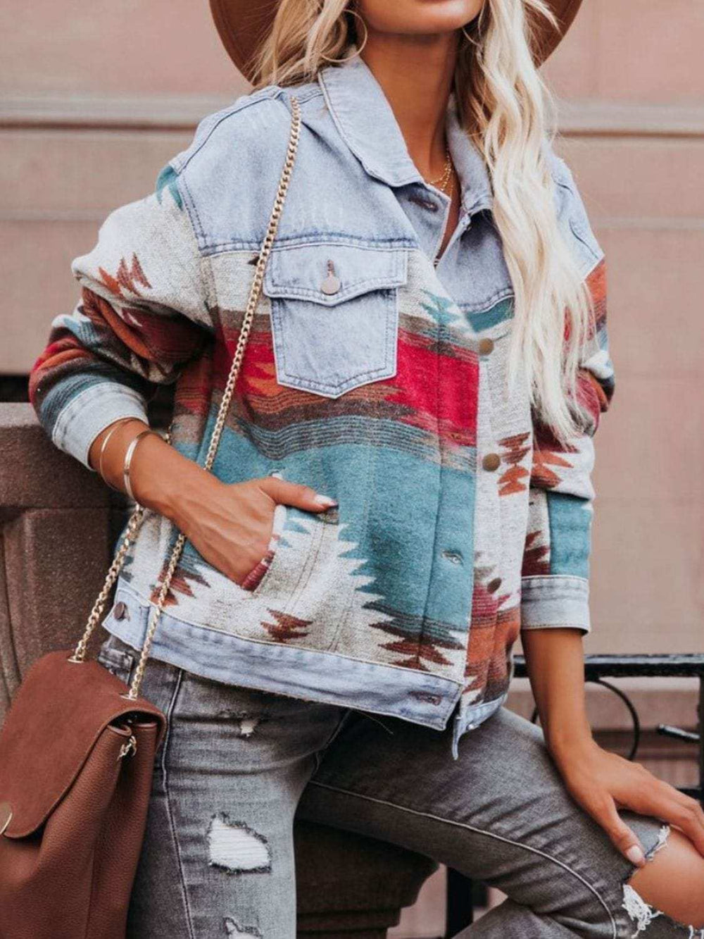 Geometric Button Up Long Sleeve Denim Jacket - Trendsi - Flyclothing LLC