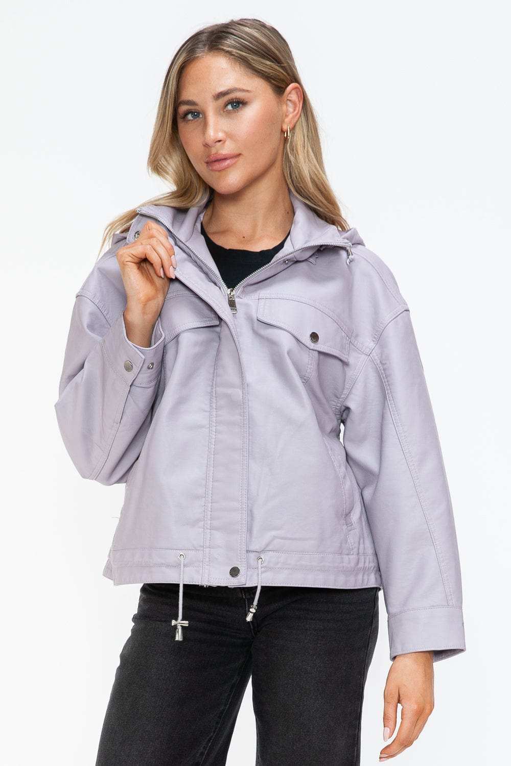 How Dare U Drawstring Hem PU Leather Zip Up Jacket - Trendsi - Flyclothing LLC