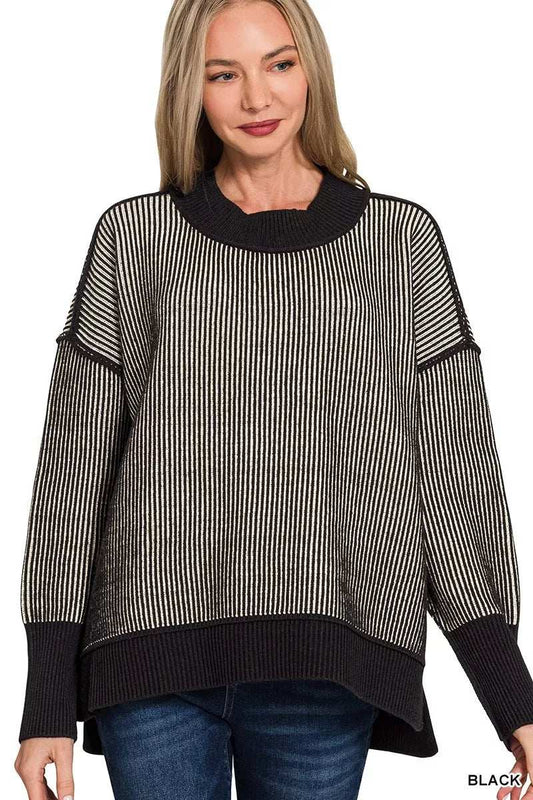 Zenana Exposed Seam Two Tone Ribbed Sweater - Trendsi - Flyclothing LLC