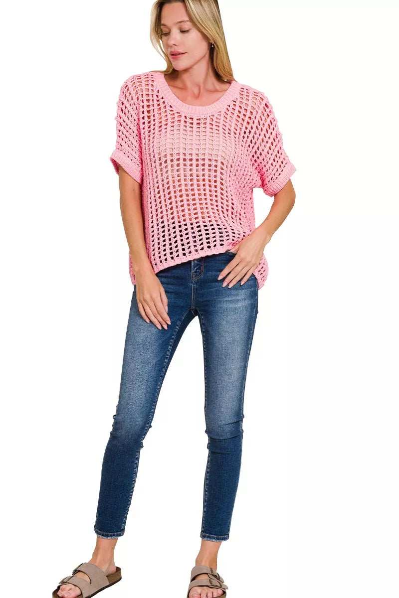 Zenana Fish Net Short Sleeve Crochet Knit Cover Up - Trendsi - Flyclothing LLC
