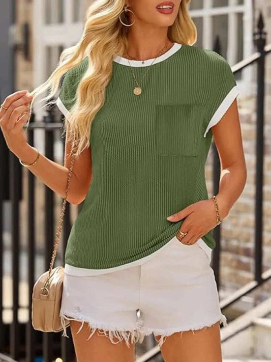 Contrast Trim Round Neck Cap Sleeve Top - Trendsi - Flyclothing LLC