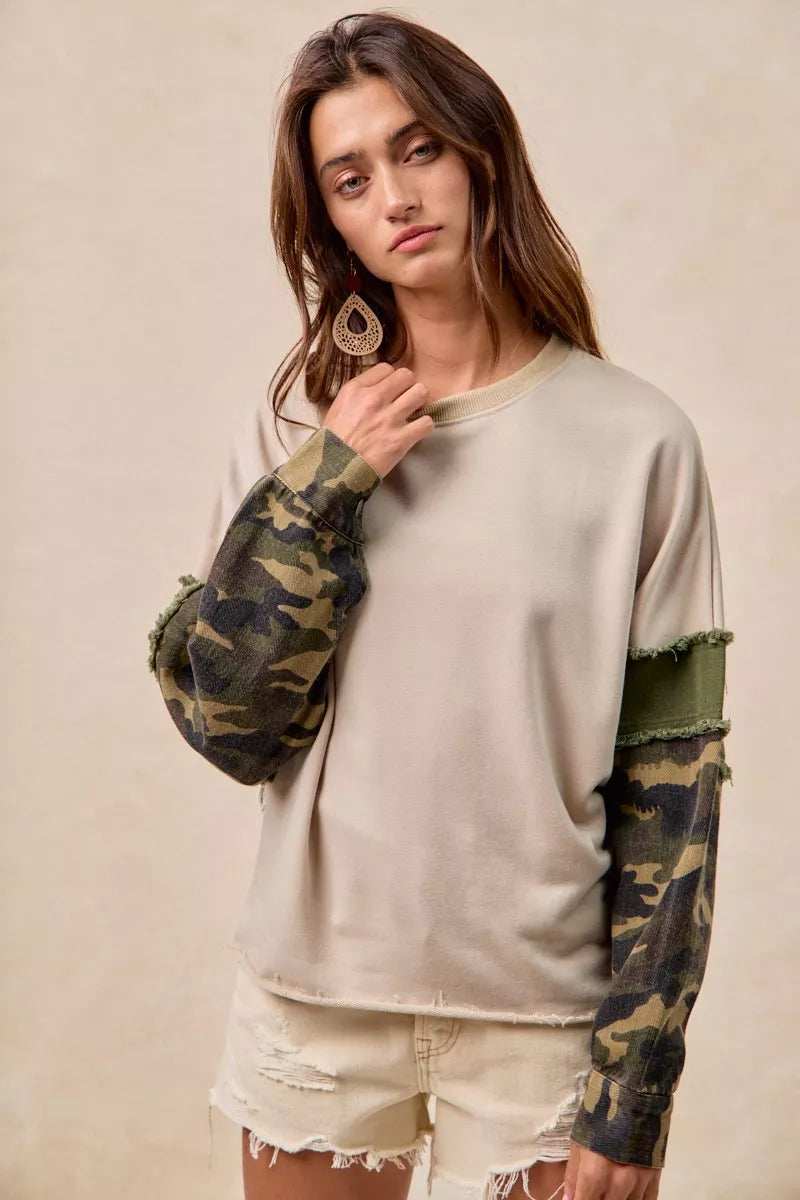 BiBi Camo Sleeve French Terry Top with Frayed Edge - Trendsi - Flyclothing LLC