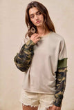 BiBi Camo Sleeve French Terry Top with Frayed Edge - Trendsi - Flyclothing LLC