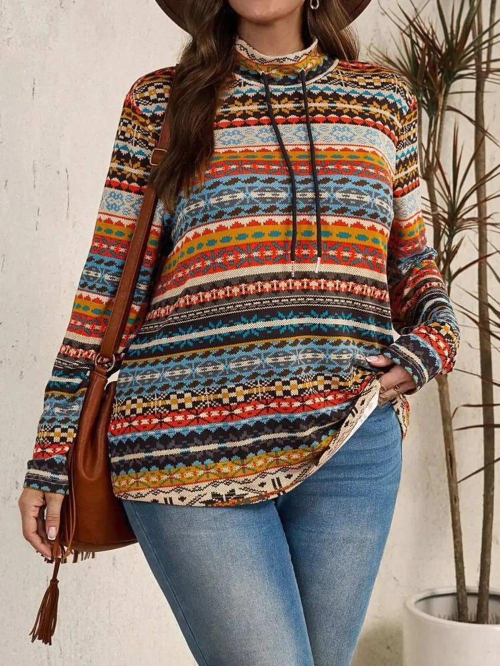 Plus Size Drawstring Printed Mock Neck Long Sleeve Top - Trendsi - Flyclothing LLC
