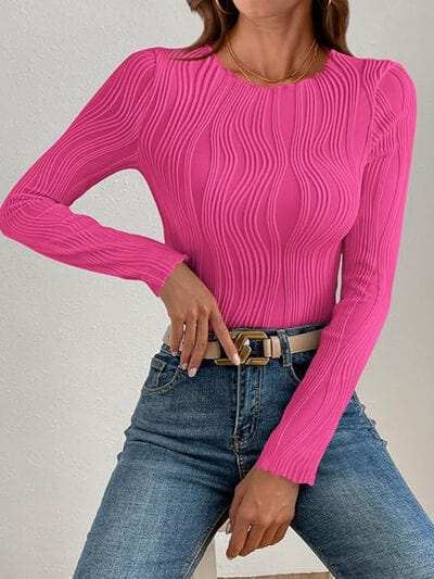 Textured Round Neck Long Sleeve Top - Trendsi - Flyclothing LLC
