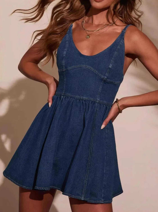 Smocked Back Adjustable Strap Denim Mini Dress - Trendsi - Flyclothing LLC