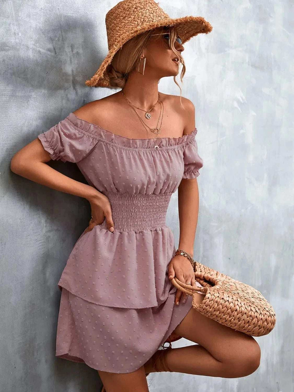 Ruffled Swiss Dot Off-Shoulder Dress - Trendsi - Flyclothing LLC