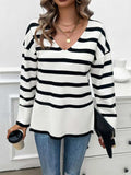 Striped V-Neck Long Sleeve Knit Top - Trendsi - Flyclothing LLC