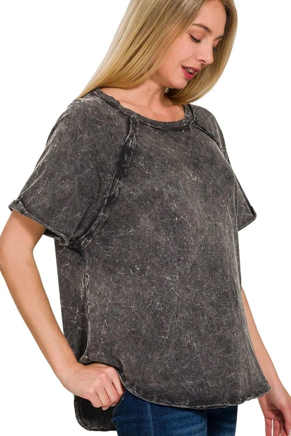 Zenana Back Patch Crinkle Washed Raglan Sleeve T-Shirts - Trendsi - Flyclothing LLC