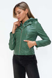 Snobbish Faux Leather Zip Up Drawstring Hooded Jacket - Trendsi - Flyclothing LLC