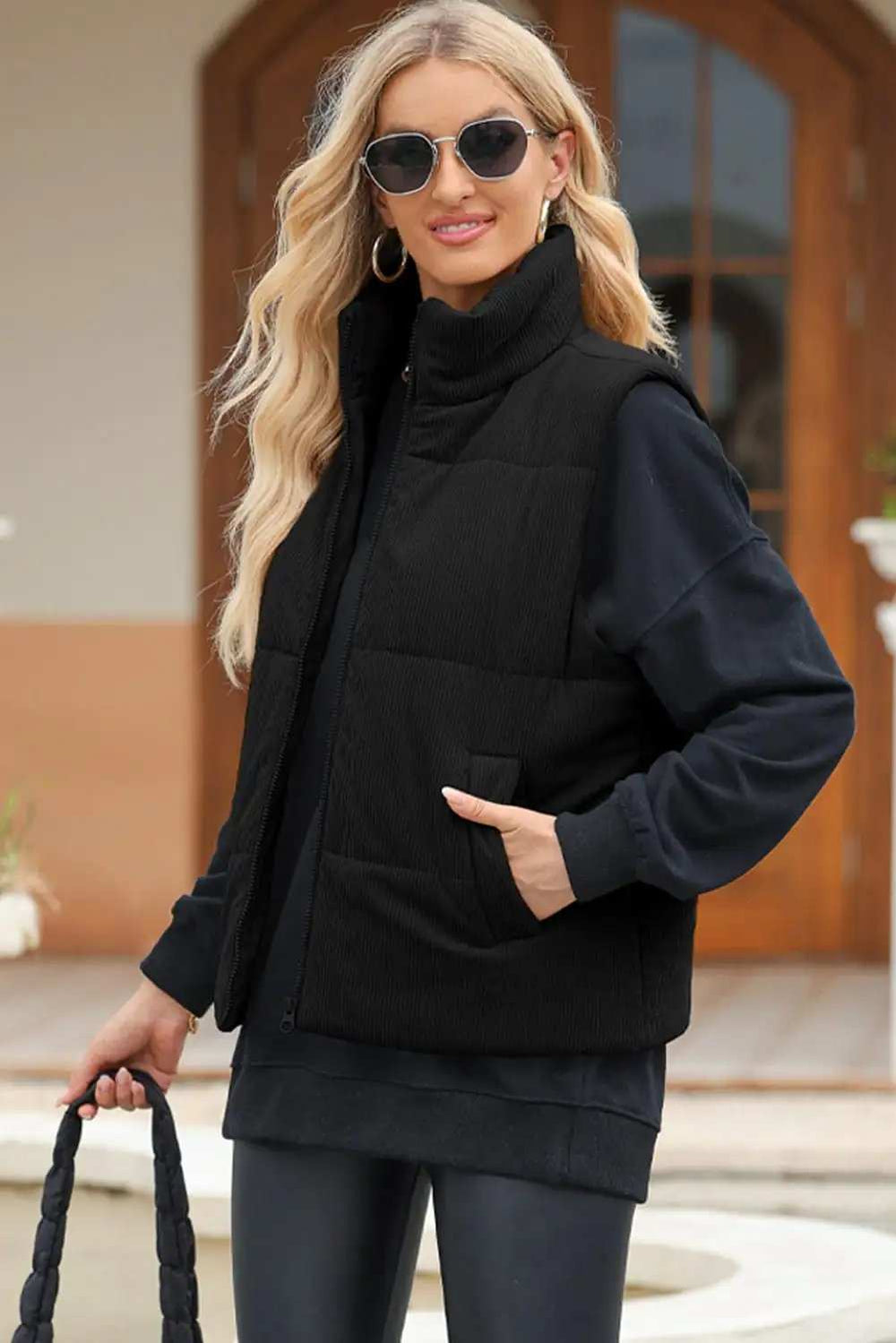 Pocketed Zip Up Turtleneck Vest Coat - Trendsi - Flyclothing LLC