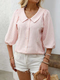 Striped Button Down 3/4 Sleeve Shirt - Trendsi - Flyclothing LLC