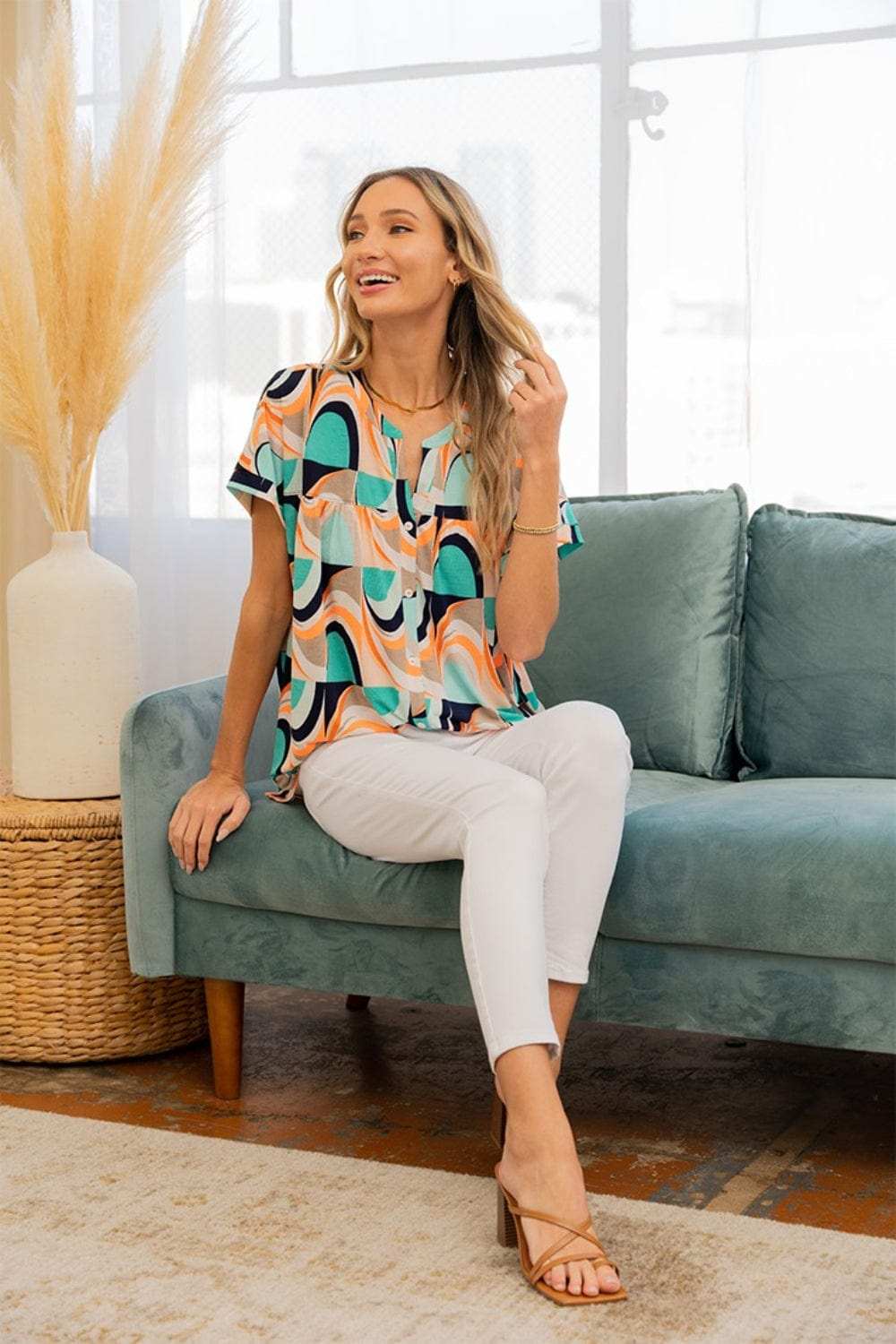 Sew In Love Wrinkle-Free Geometric Short Sleeve Shirt - Trendsi - Flyclothing LLC