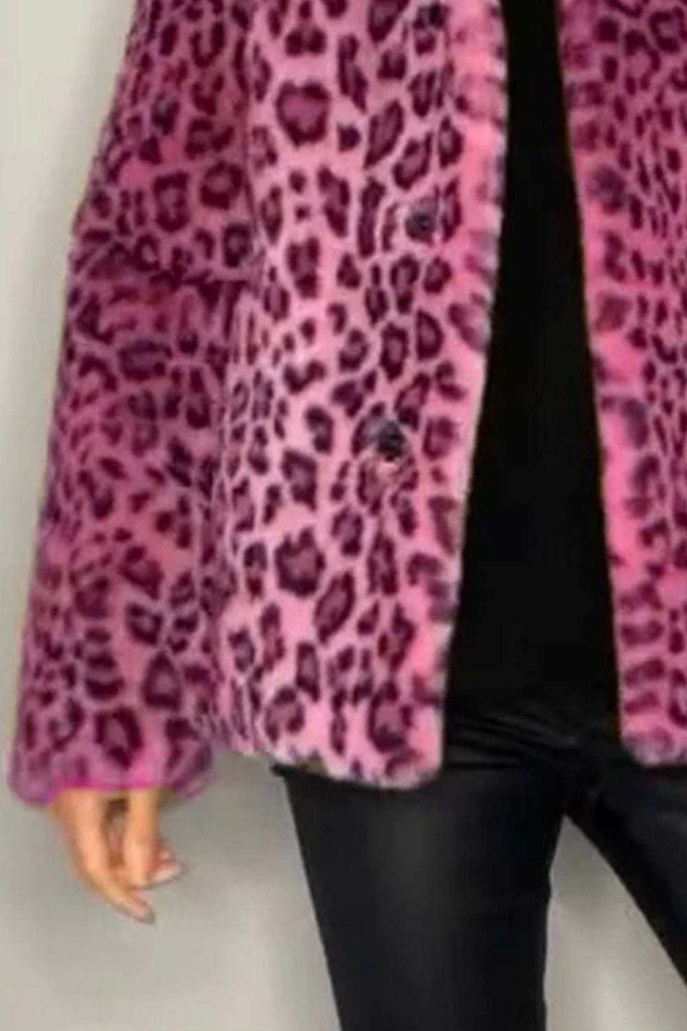 Full Size Leopard Furry Collared Neck Long Sleeve Coat - Trendsi - Flyclothing LLC