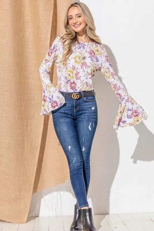 And The Why Floral Printed Bell Sleeve Casual Top - Trendsi - Flyclothing LLC