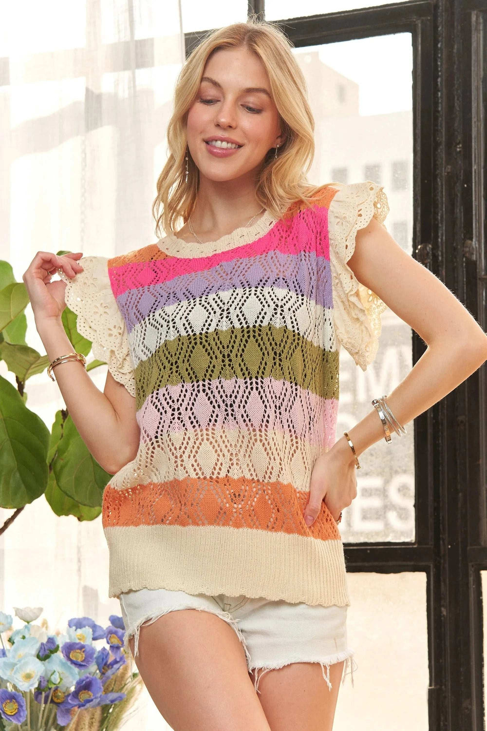 ADORA Eyelet Sleeve Multi Color Crochet Top - Trendsi - Flyclothing LLC