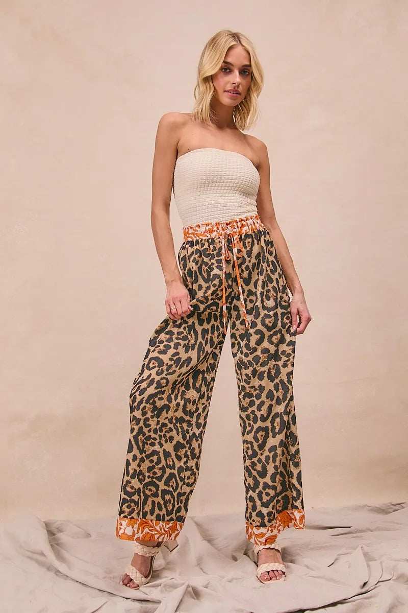 BiBi Leopard Print With Contrast Banded Wide Pants - Trendsi - Flyclothing LLC