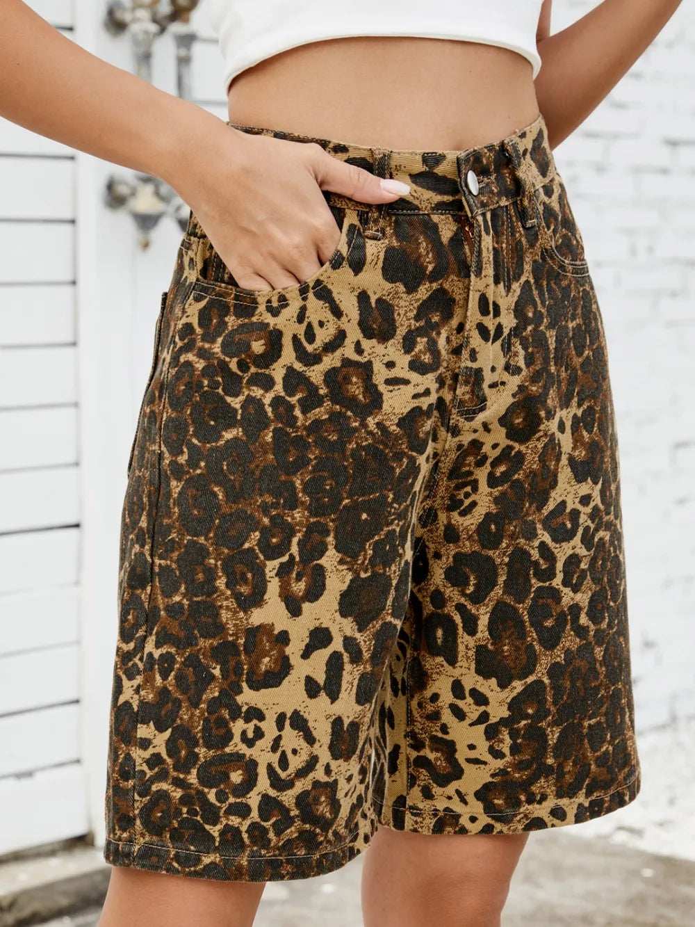 Leopard High Waist Denim Shorts - Trendsi - Flyclothing LLC