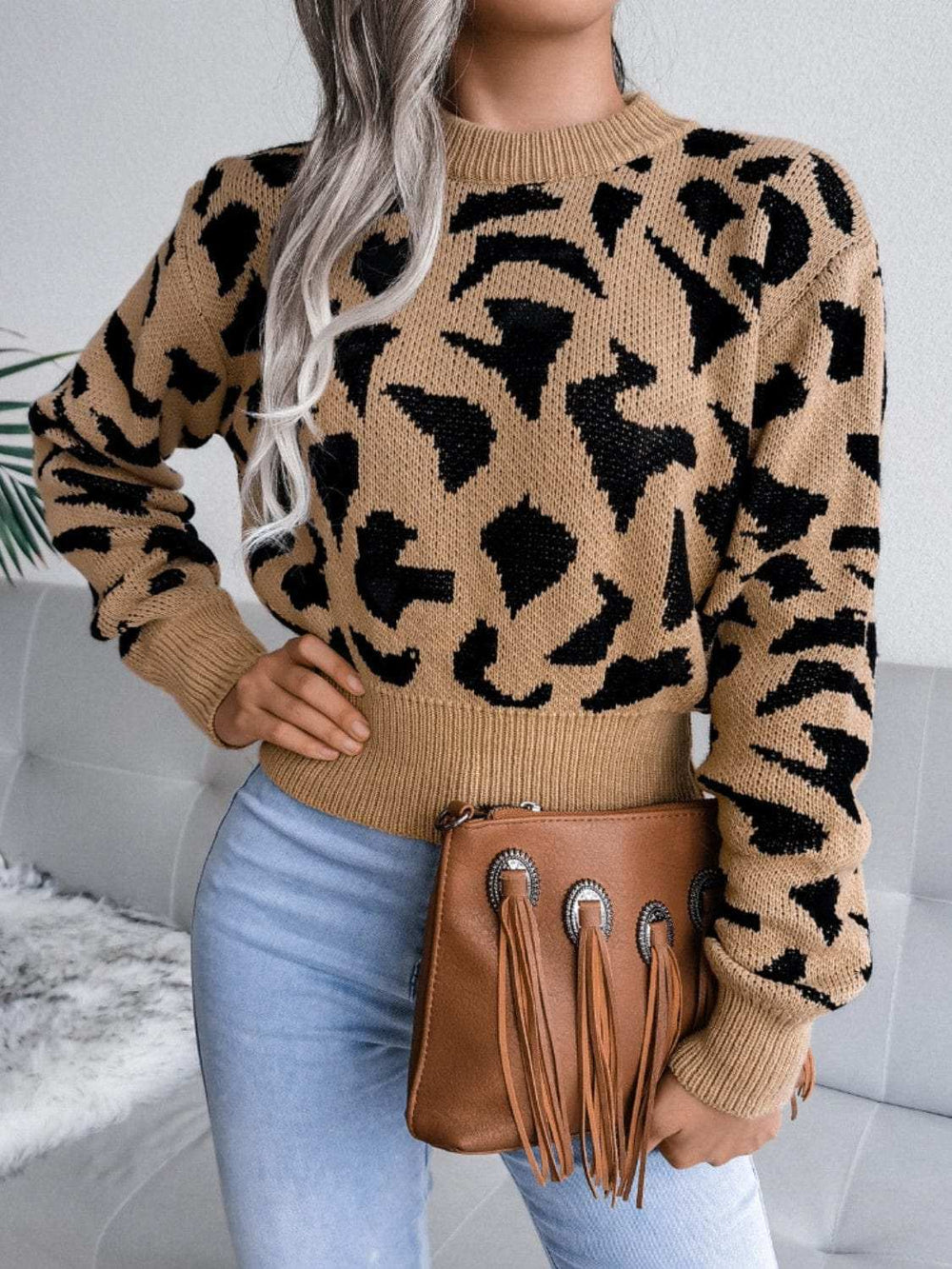 Leopard Round Neck Dropped Shoulder Sweater - Trendsi - Flyclothing LLC