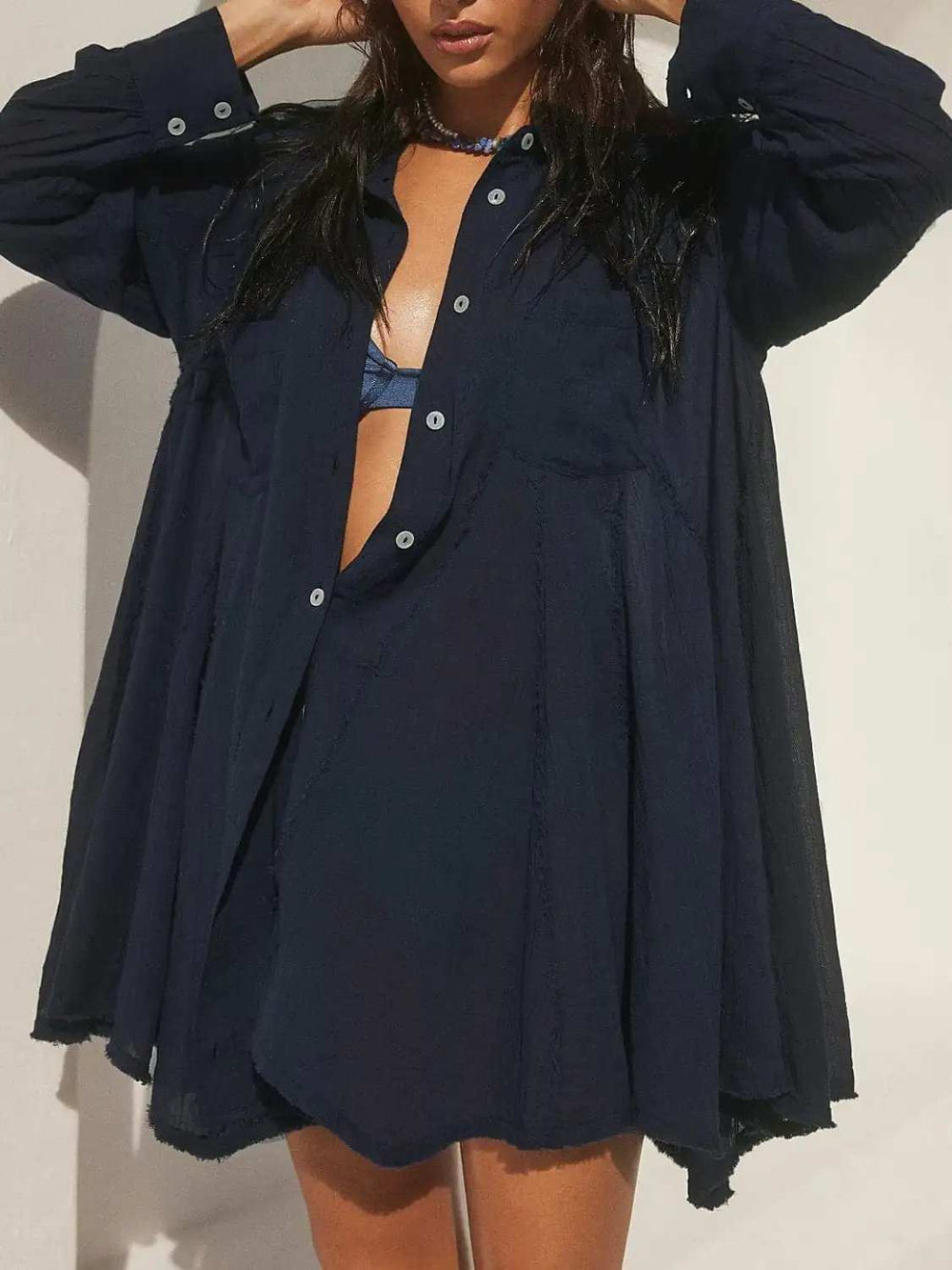 Button Up Collared Neck Long Sleeve Longline Shirt - Trendsi - Flyclothing LLC